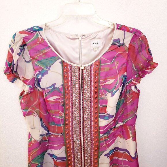 ECI  Beaded and Embroidered Colorful Cocktail Short Sleeve Dress Size 14 EUC - Picture 2 of 10